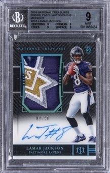 2018 National Treasures "Rookie Patch Autographs" Midnight #165 Lamar Jackson Signed Patch Rookie Card (#02/20) – BGS MINT 9/BGS 10